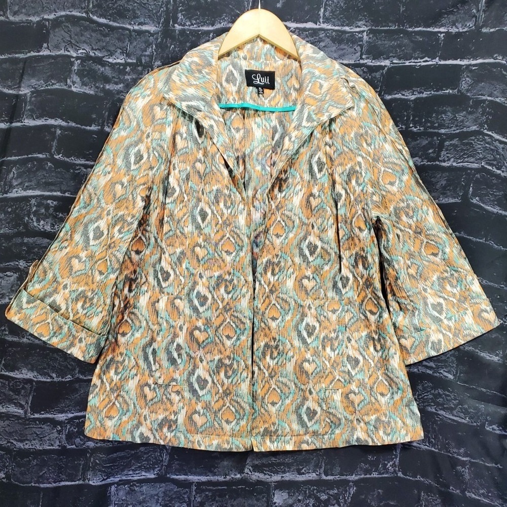Luii Ikat Print Blazer Jacket Womens XL Orange Teal Lightweight Cotton Boho